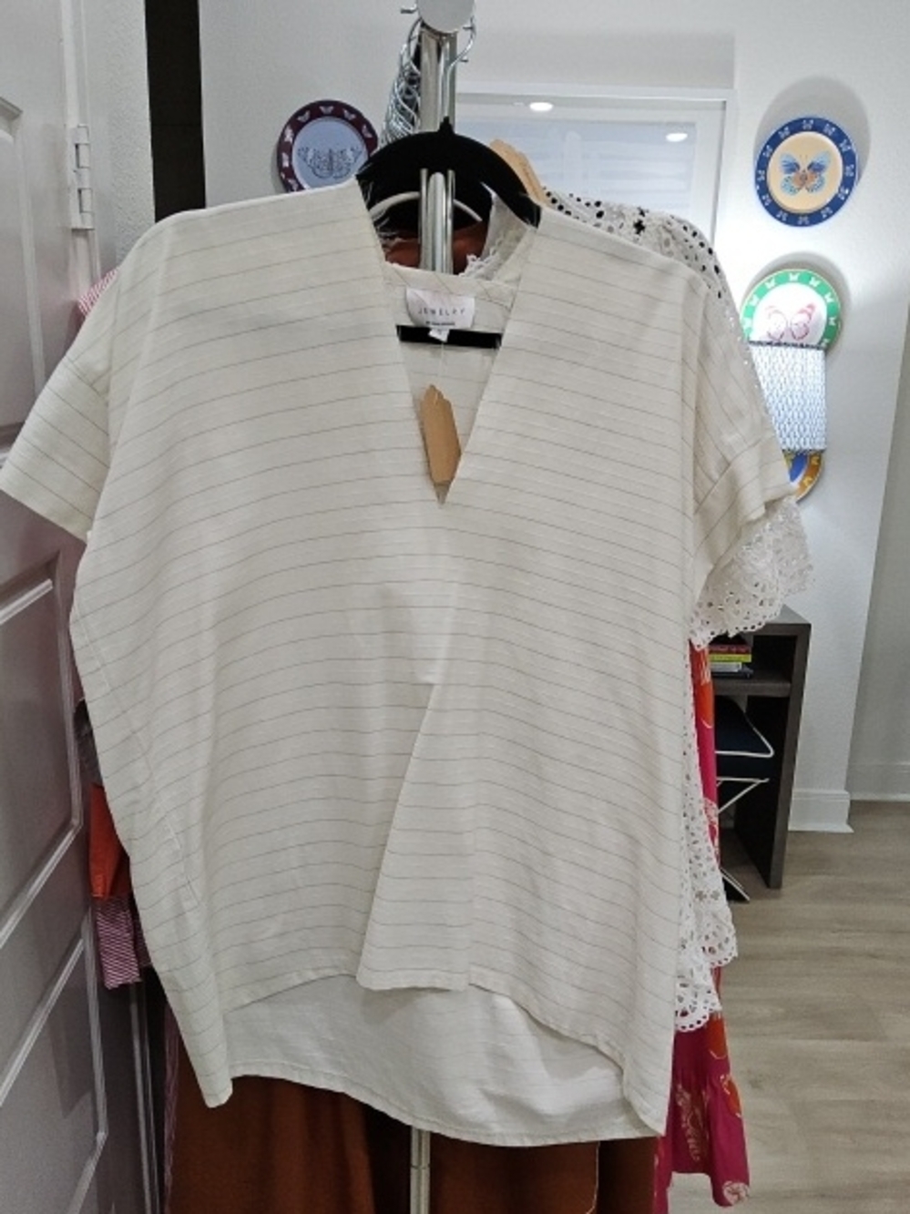 Willow Cream Thin-Striped V-Neck Short Sleeve Tunic